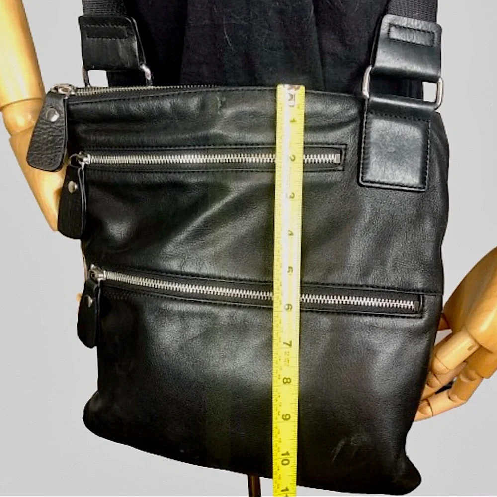 MARGOT Black Leather Messenger Bag 2 Ext. Front Zipper Pockets Top Zip Closure